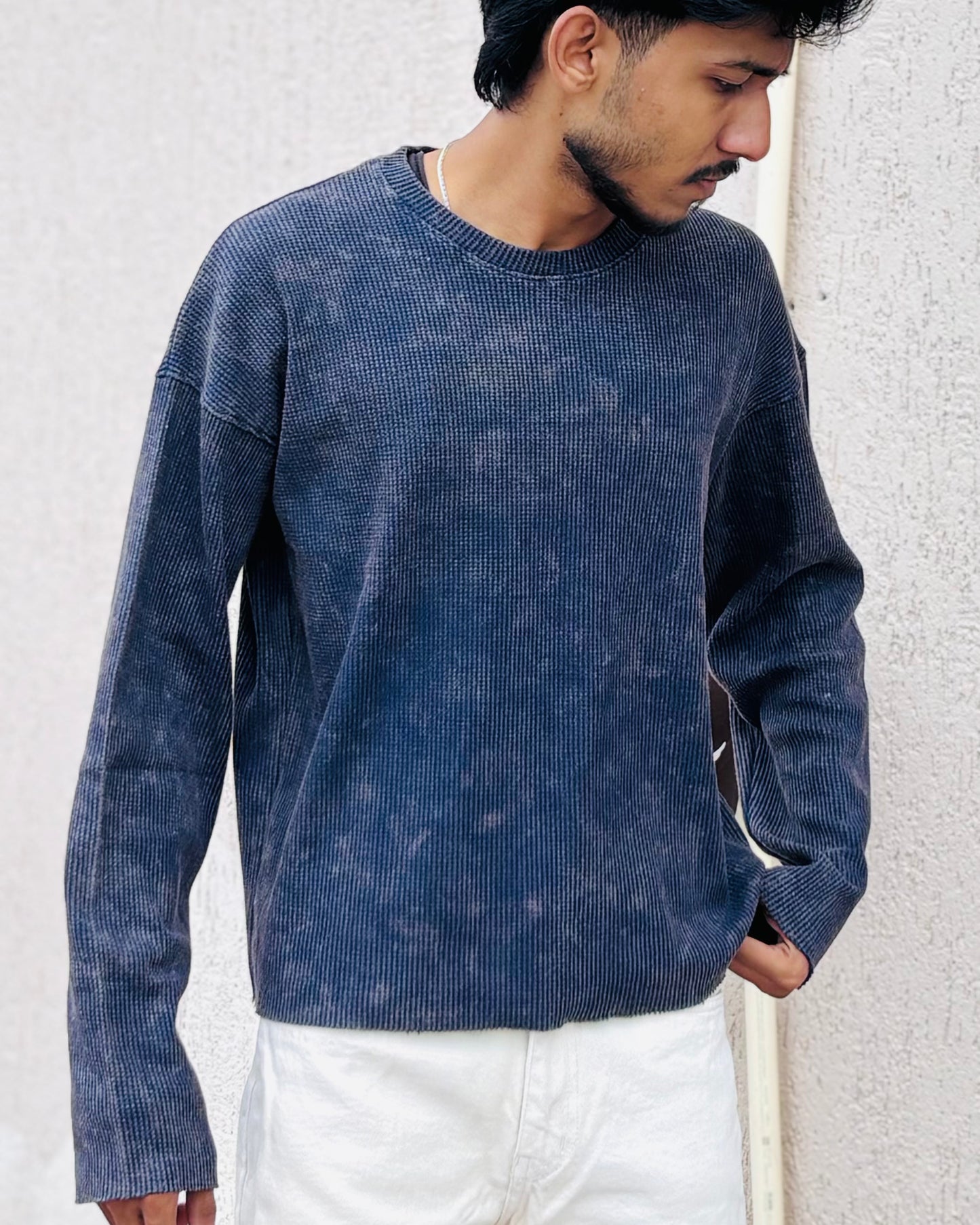 Boxy Fit Waffle Navy Tee (Acid Wash)