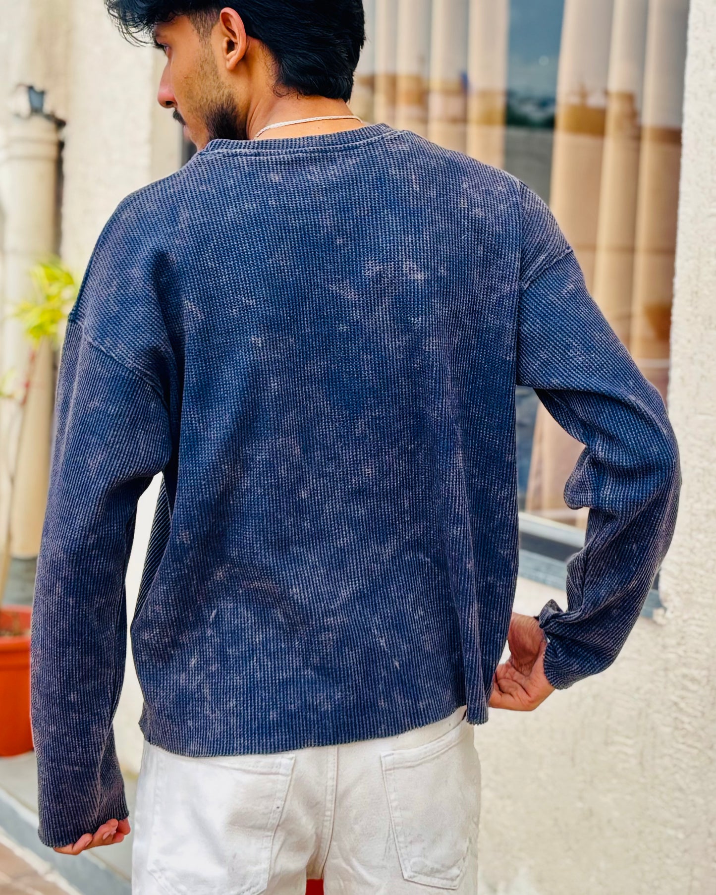 Boxy Fit Waffle Navy Tee (Acid Wash)