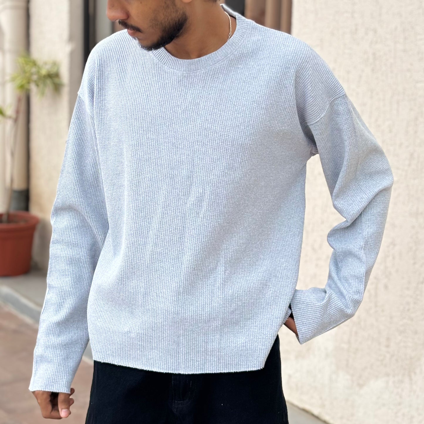 Boxy Fit Waffle Grey Melange Tee