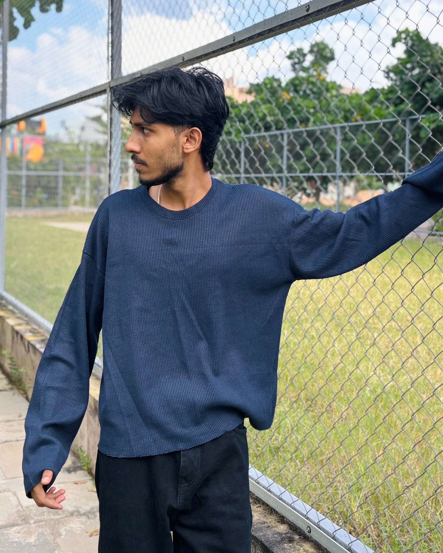 Boxy Fit Waffle Navy Tee