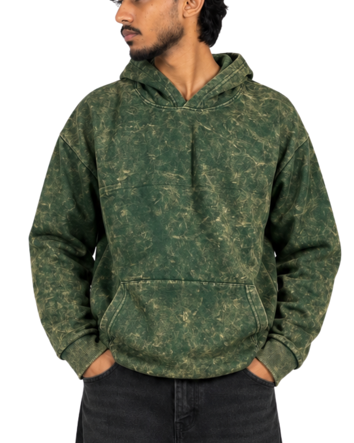 ⁠Bottle Green Acid Washed Hoodie