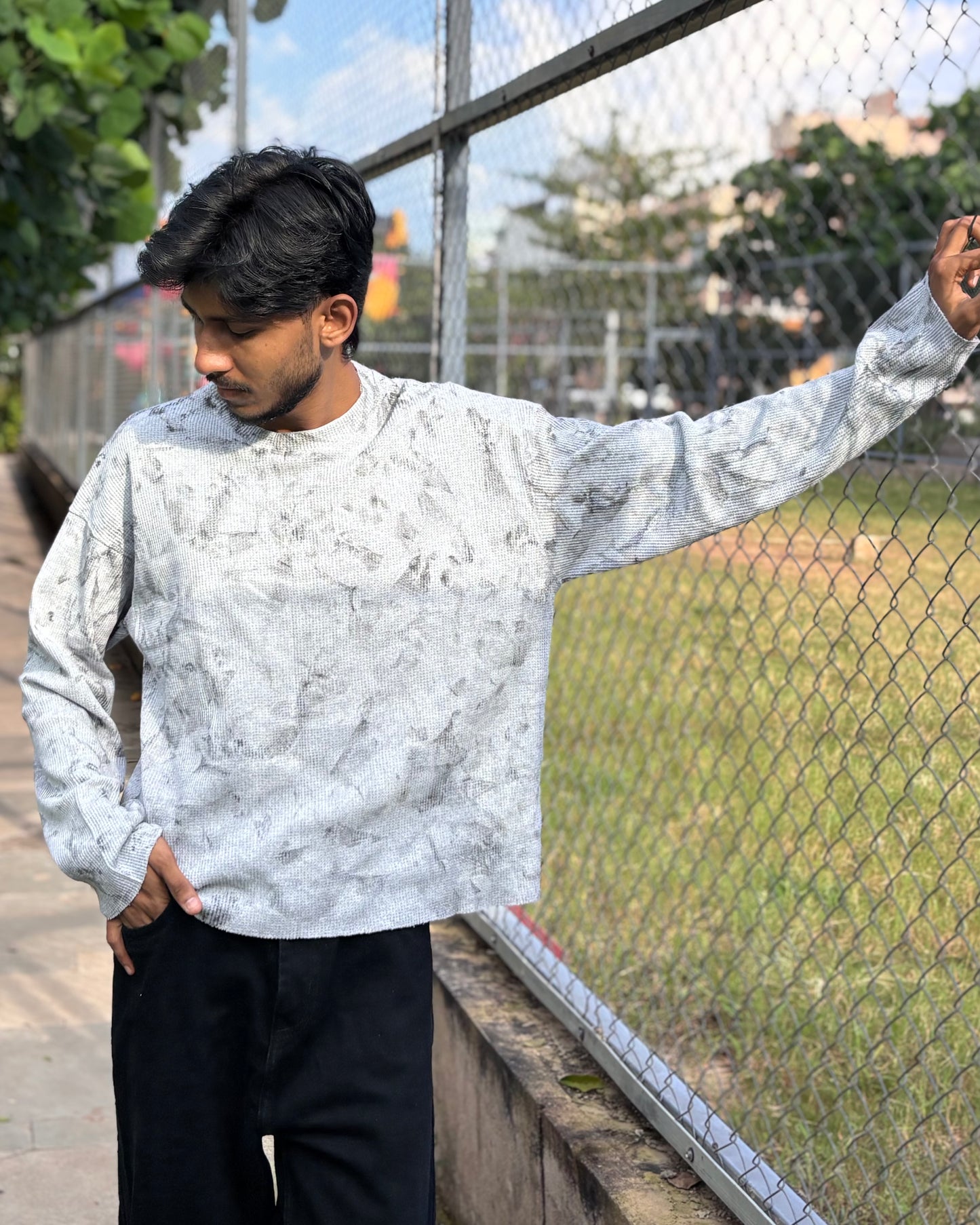 Boxy Fit Waffle Grey Melange Tee (Acid Wash)